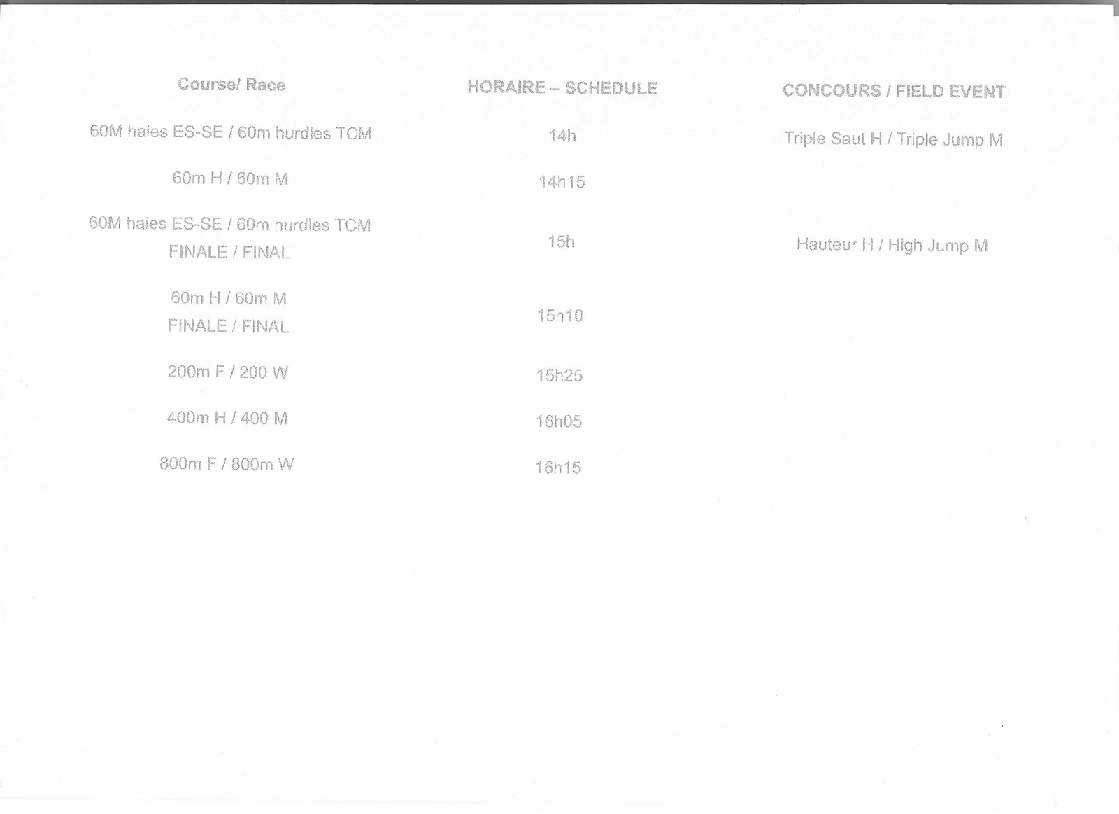 Horaire PréMeeting  20/12 Limoges Chéops