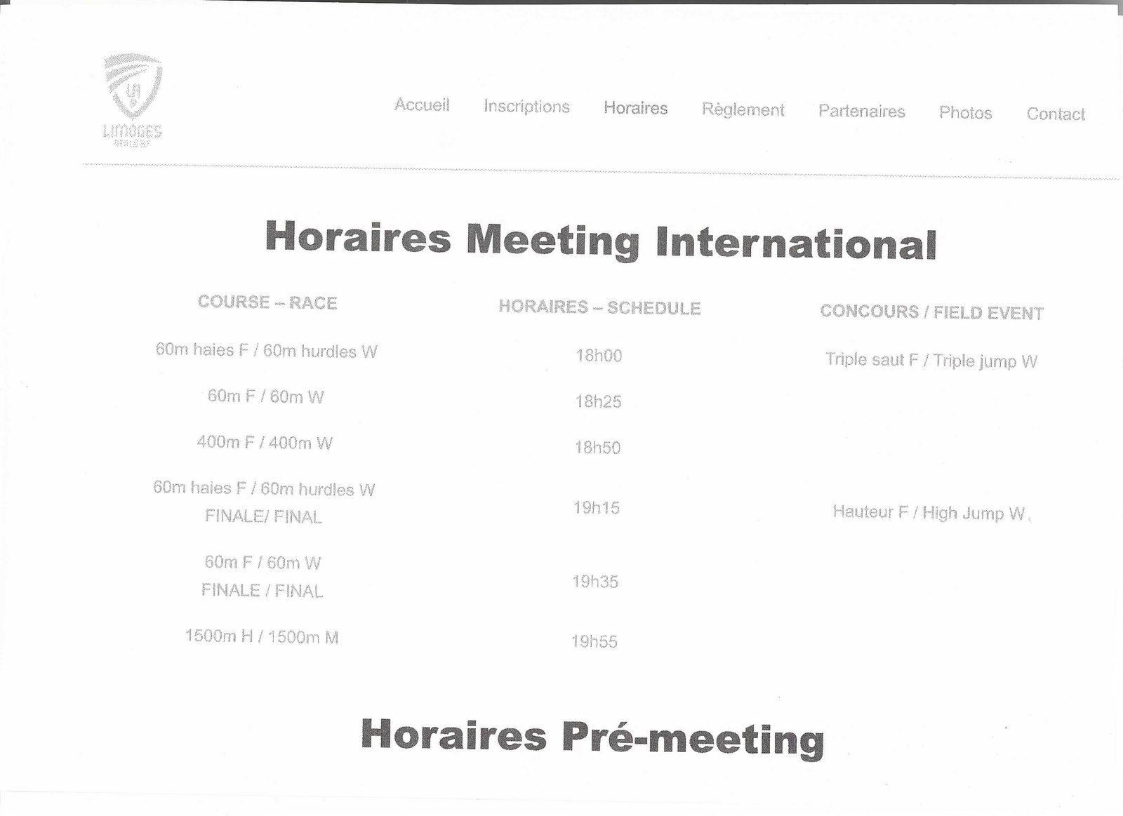 Horaires Meeting Internationale 20/12 Limoges Chéops